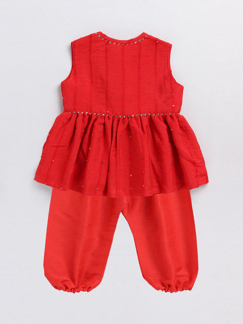 Girl's' Red Chanderi Ethnic Combo Set